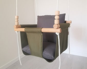 Military Grey Outdoor Baby Swing With Wooden Beads. Garden Toddler Swings.