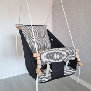 Kids Hammock/ Black Linen Swing With Black Stripe/Kids Hanging Chair/ Indoor Swing/ Toddler Hammock/ Cocoon Swing/Nursery Swing/Garden Swing
