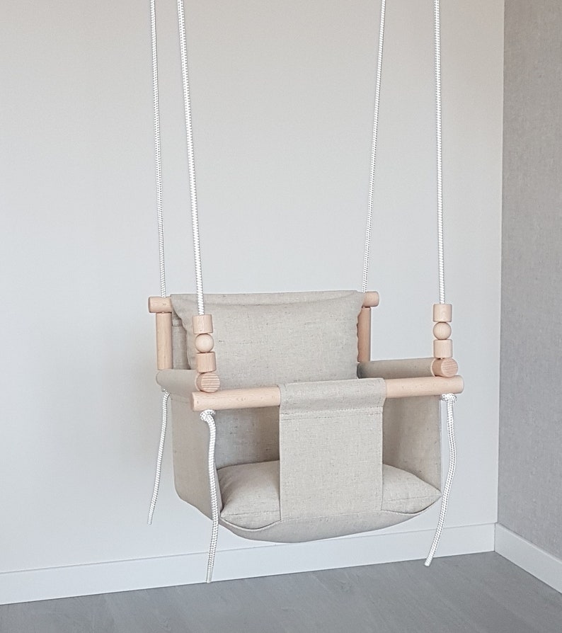 Linen Indoor Garden Baby Swing with playing beads image 2