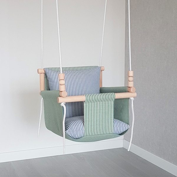 Balançoire pour bébé, intérieur extérieur, lin naturel, balançoire, ensemble de balançoire en tissu en bois, chaise confortable oscillante, balançoire de jardin suspendue pour bébé, balançoire pour bébé