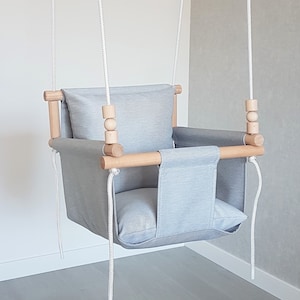 Grey Kids Swing Hammock With Wooden Beads. Garden Toddler Montessori Outdoor Baby Swing.