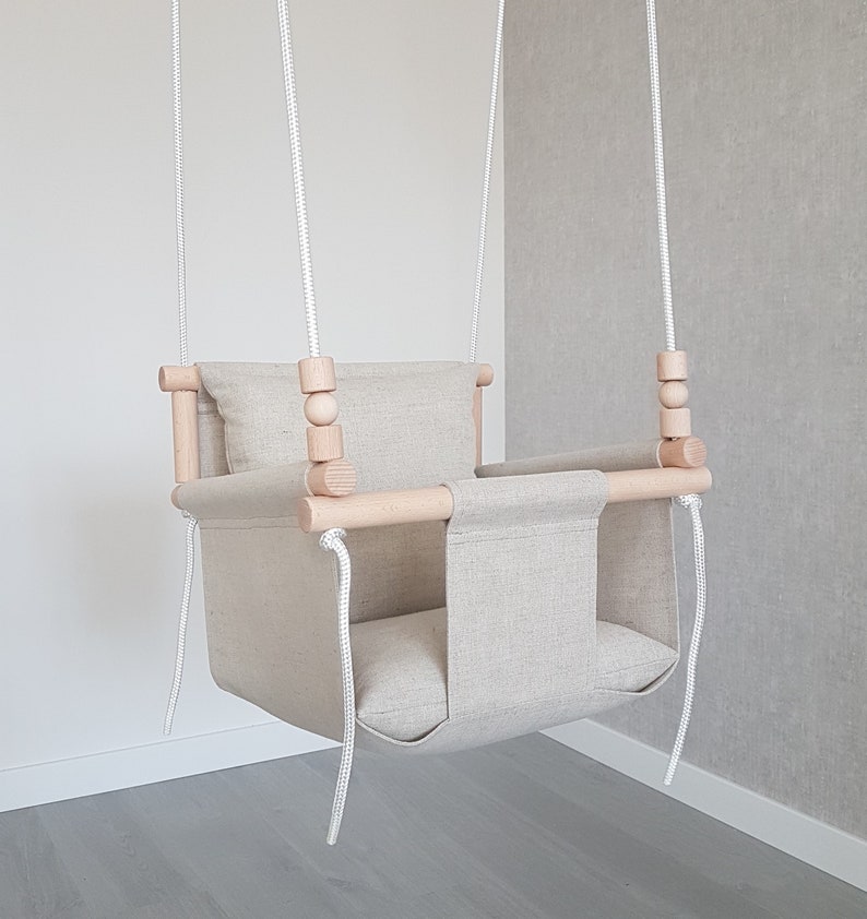 Linen Indoor Garden Baby Swing with playing beads image 1