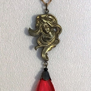 Art Nouveau Lady Pendent, Vintage Brass Lady Pendant, Molded Glass Drop Pendant, Vintage Ruby Red Crystal Pendant