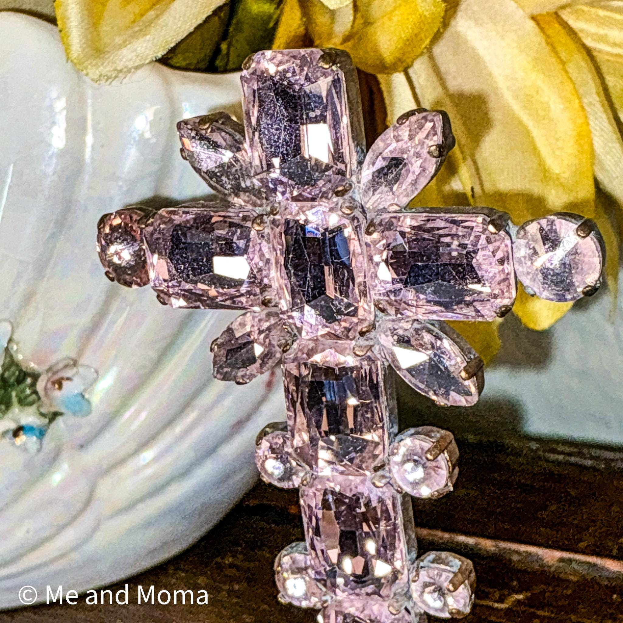 Stunning Vintage Rhinestone Cross, Brilliant Pink Crystal Cross...ooak ...