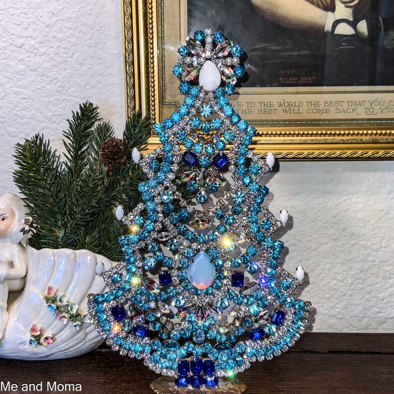 Czech Tree, Vintage Rhinestone Christmas Tree, Turquoise Blue and Iris