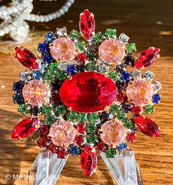 Vintage Czech Rhinestone Pin, Pink and Red Rhinestone Statement Brooch, Rhinestone Brooch