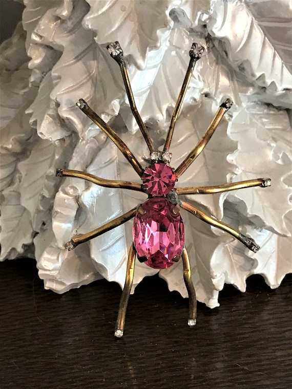Pink Spider Pin, Huge Pink Rhinestone Vintage Spid