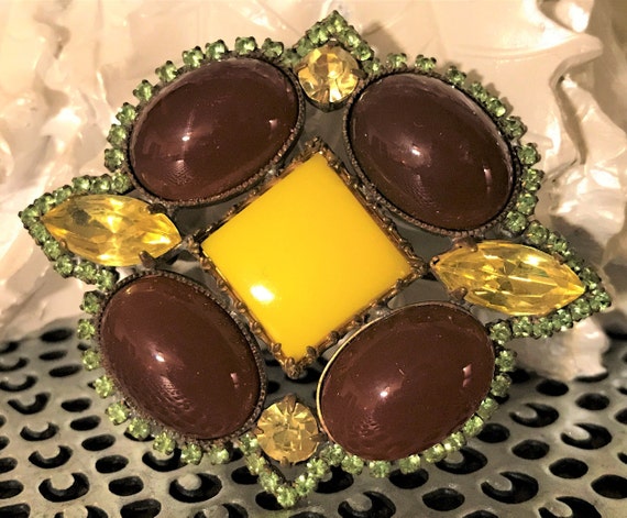 Vintage Brooch, Chocolate Brown and Lemon Yellow … - image 1