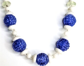 Vintage White and Blue Beaded Necklace, Vintage Czech Necklace, Gorgeous