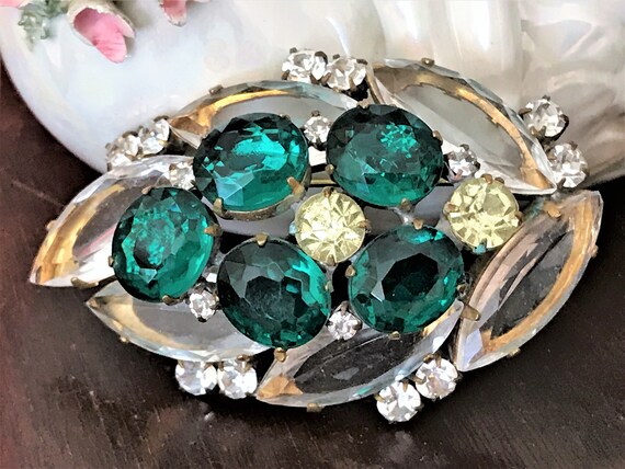 Vintage Green Rhinestone Pin, Green Statement Broo