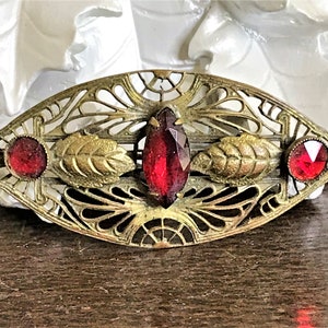 Antique Brass Filigree Brooch, Antique Filigree Pin, Ruby Red Filigree Pin, C Clasp Closure, Upcycle