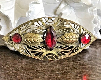 Antique Brass Filigree Brooch, Antique Filigree Pin, Ruby Red Filigree Pin, C Clasp Closure, Upcycle