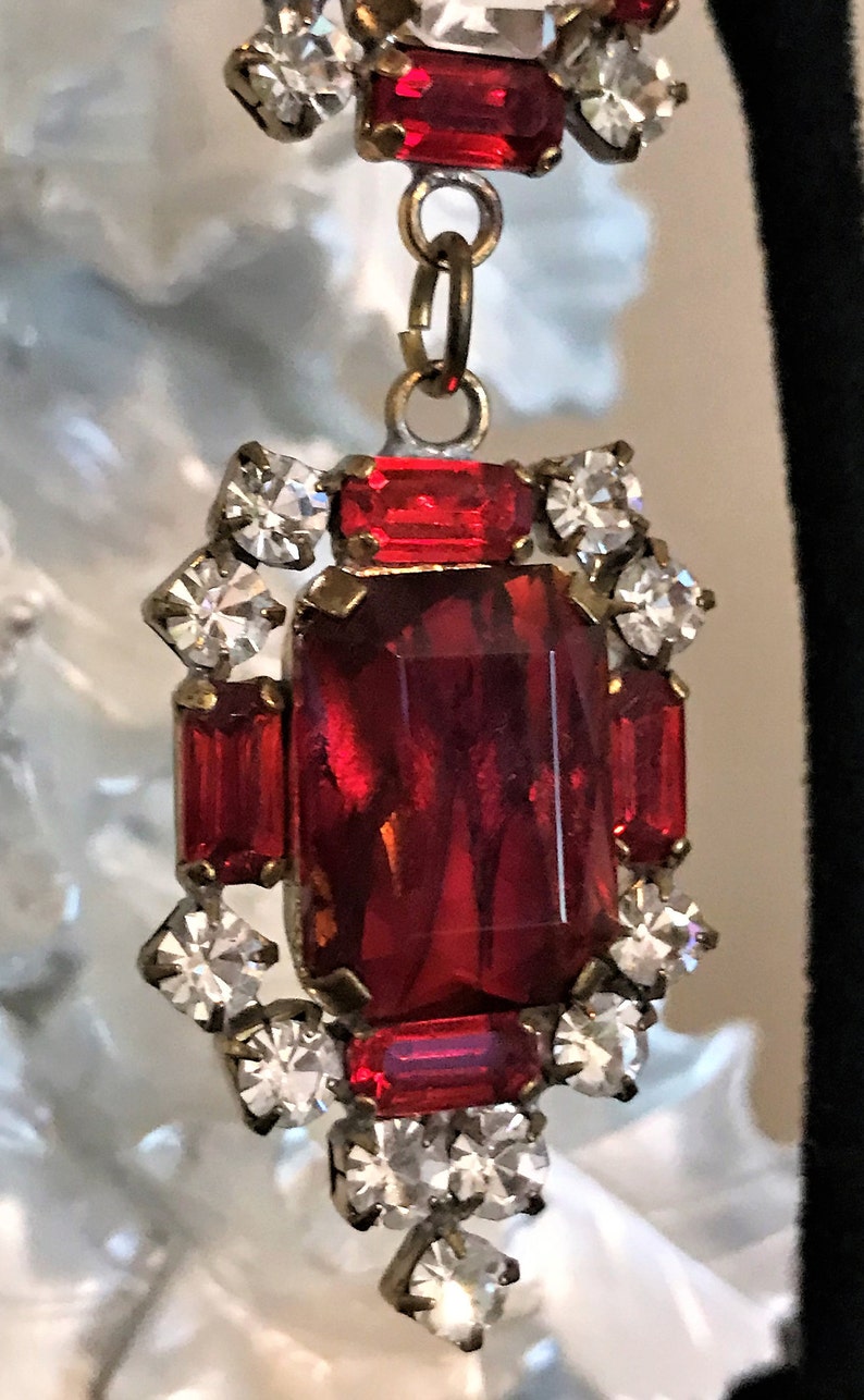 Vintage Statement Pierced Earrings Red Crystal Dangle Earrings Boho Chic Ruby Red Earrings Red Rhinestone Earring Red Pierced Earring