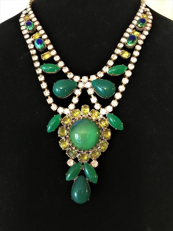 Vintage Rhinestone Statement Necklace, Green Rhin