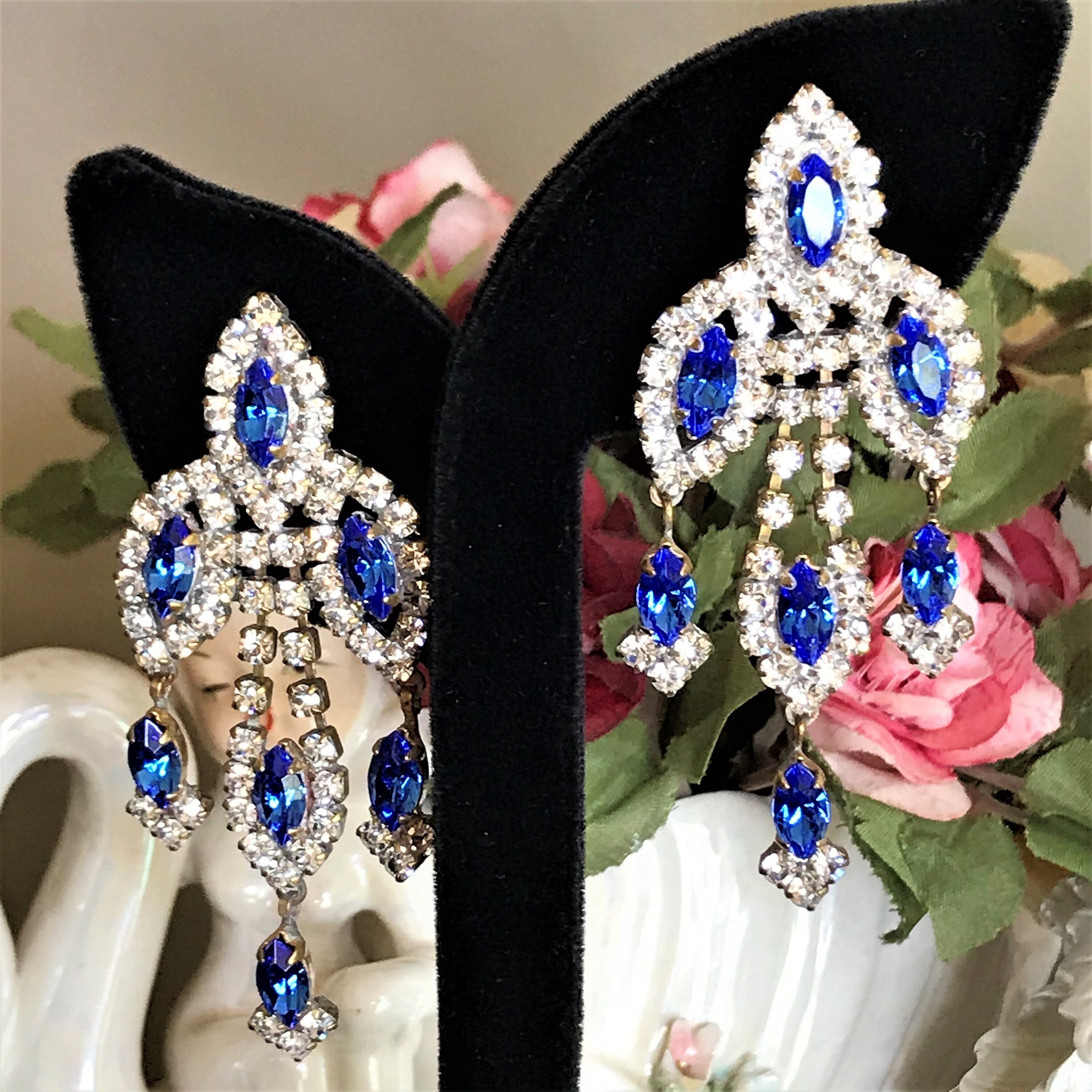 Vintage Blue Earrings Blue Statement Earrings Vintage Etsy UK