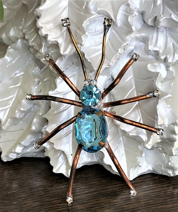 Vintage Spider Brooch, Blue Rhinestone Spider Pin,