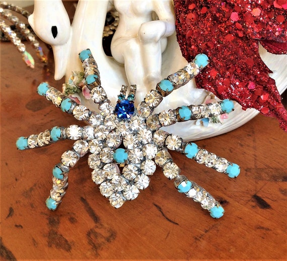 Vintage Spider Brooch, Statement Spider Pin, Cryst