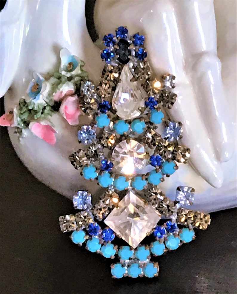 Christmas Jewelry Estate Jewelry Czech Rhinestone Christmas Tree Brooch Vintage Blue Christmas Tree Pin Holiday Jewelry