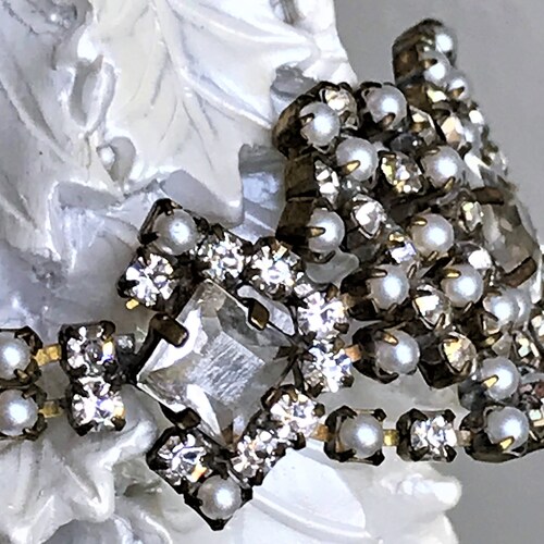 Vintage Faux Pearl Rhinestone Bracelet, Brilliant shops Crystal Chaton Bracelet, Vintage Square Crystal Bracelet, Christmas Jewelry