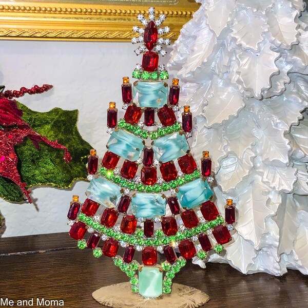 Vintage Czech Rhinestone Christmas Tree, Green Givre Cabochons, Table Top Christmas Tree, Vintage Christmas Decoration, Czech Tree