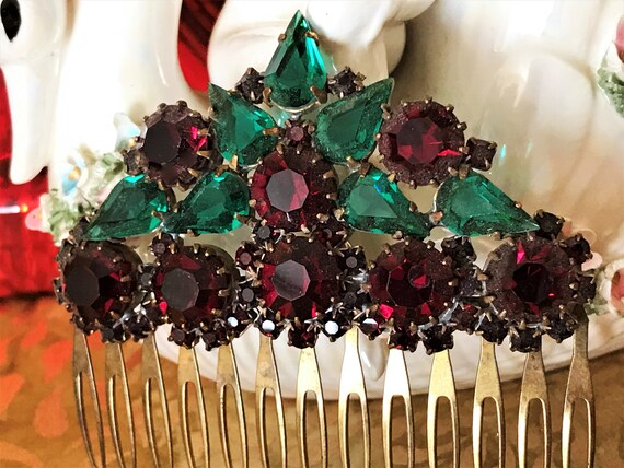 Vintage Hair Comb, Ruby Red Rhinestone Hair Comb,