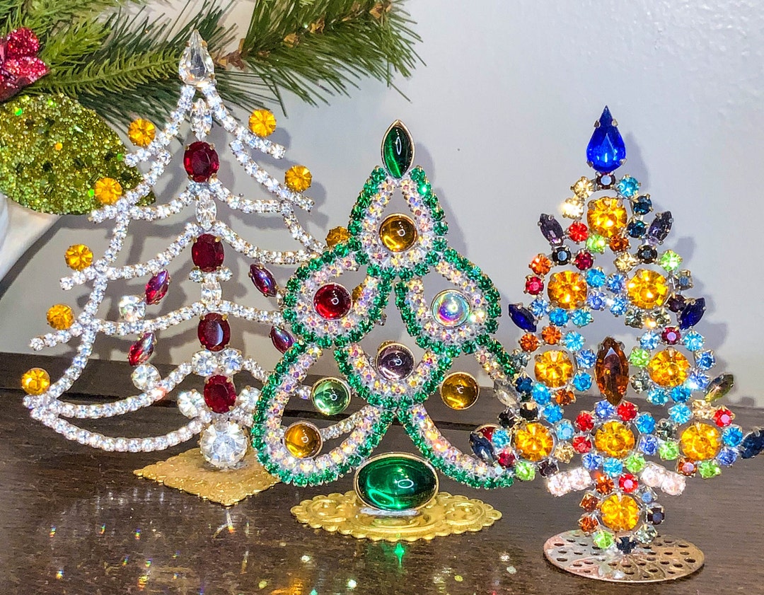 A Trio of Vintage Czech Christmas Trees, Vintage Rhinestone Tree, Vintage Christmas Decoration