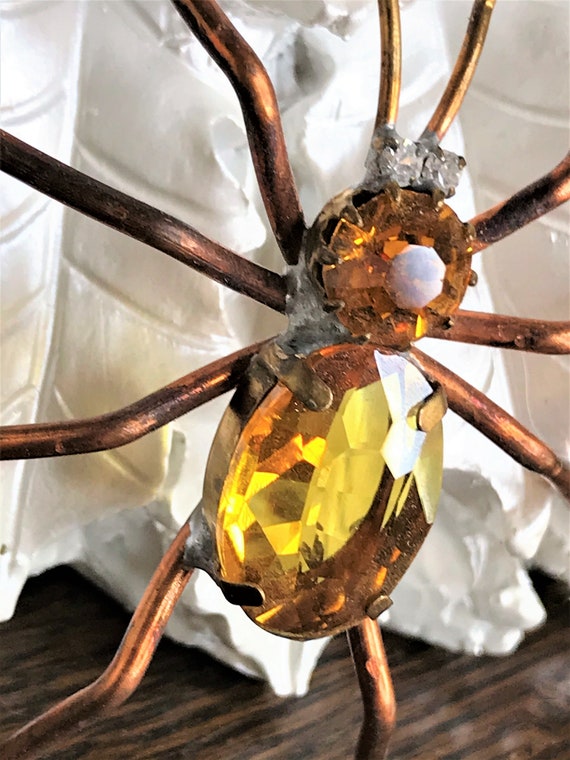 Vintage Spider Brooch, Gold Rhinestone Spider Pin,