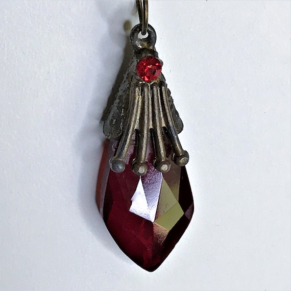 Vintage Art Nouveau Ruby Red Teardrop Pendent, Fa… - image 6