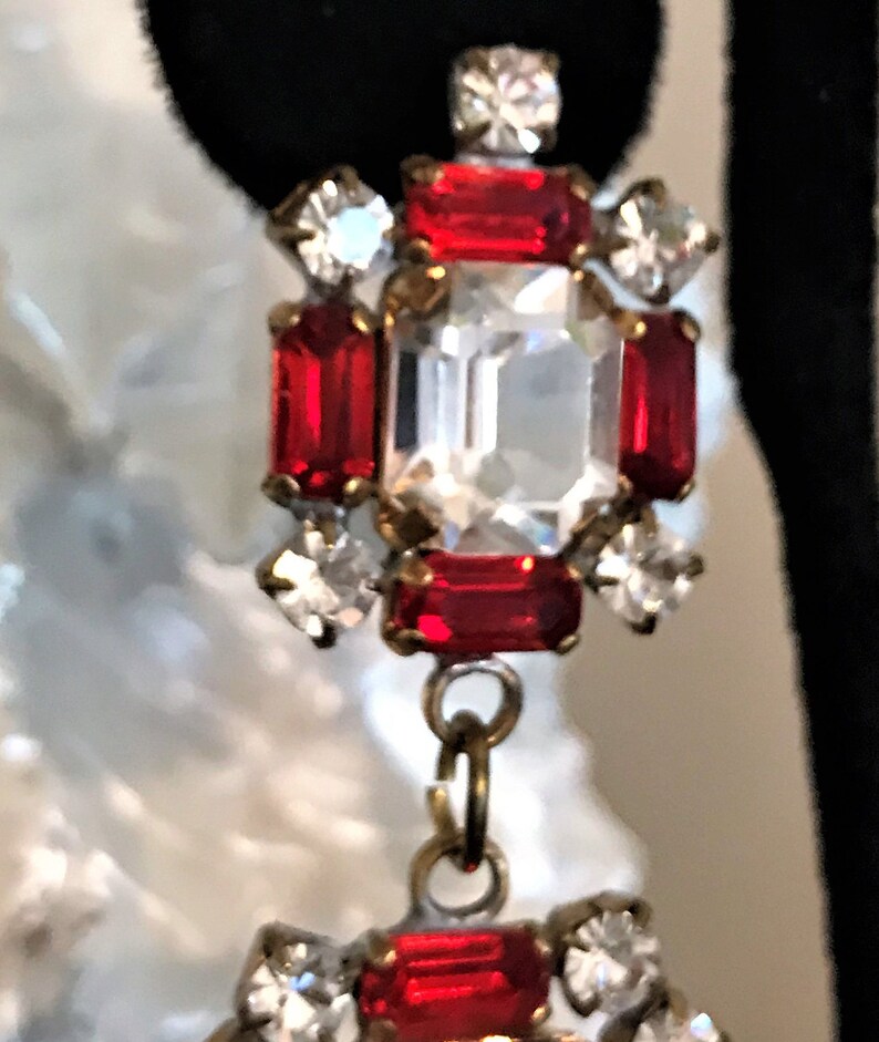 Vintage Statement Pierced Earrings Red Crystal Dangle Earrings Boho Chic Ruby Red Earrings Red Rhinestone Earring Red Pierced Earring