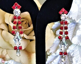 Ruby Red Statement Earrings, Boho Chic, Vintage Czech Clip Earrings, Crystal Ruby Red Dangle Earrings, Ruby Red Christmas Earring