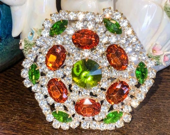 Vintage Green Rhinestone Pin, Crystal Czech Brooch, Fall Rhinestone Statement Pin, Estate Jewelry, Vintage Czech Fall Pin, Vintage Pin