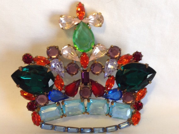Huge Crown Pin, Fabulous Vibrant Multi-Colored Cro