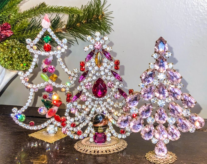A Trio of Vintage Czech Christmas Trees, Vintage Rhinestone Tree, Vintage Christmas Decoration