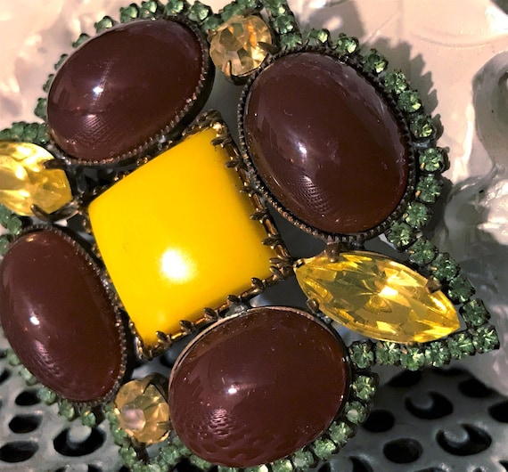 Vintage Brooch, Chocolate Brown and Lemon Yellow Rhinestone Vintage Pin, Rhinestone Statement Pin, Rhinestone Fall Brooch, Estate Jewelry