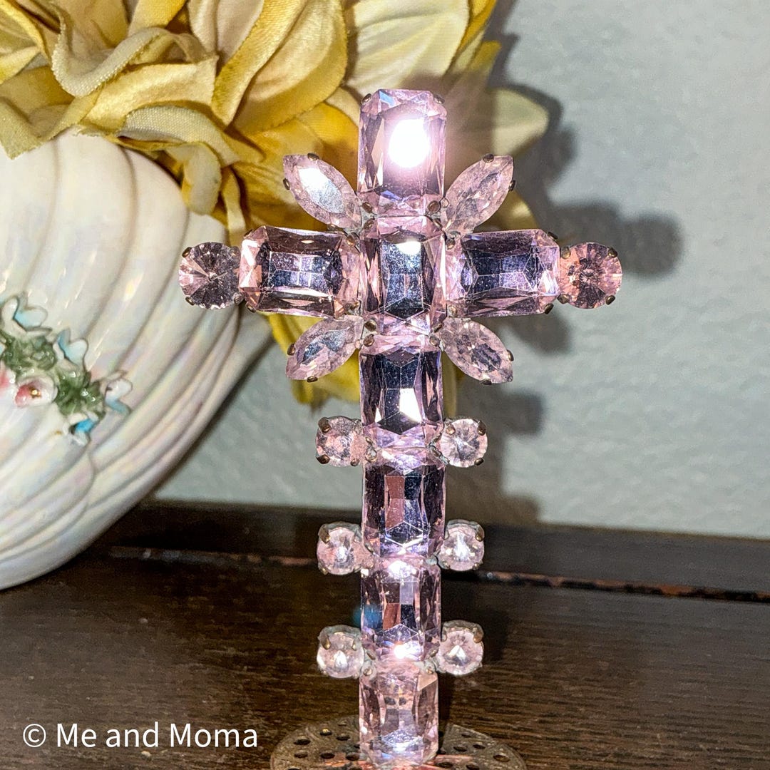 Stunning Vintage Rhinestone Cross, Brilliant Pink Crystal Cross...ooak ...