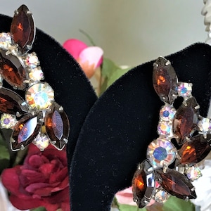 Vintage Rhinestone Earrings, Root Beer Statement Earrings, Root beer Cabochon Earrings, Boho Chic Earrings, Clip On Earrings, Topaz Clips
