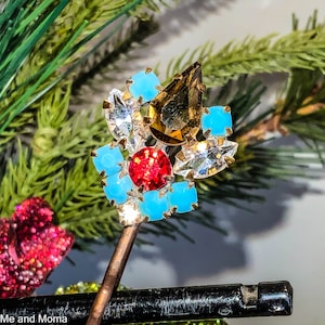 Turquoise Blue Vintage Hair Pin, Vintage Bobby Pin, Crystal Hair Accessory, Bridal Hair Jewelry, Christmas Hair Accessory, Hair Jewelry