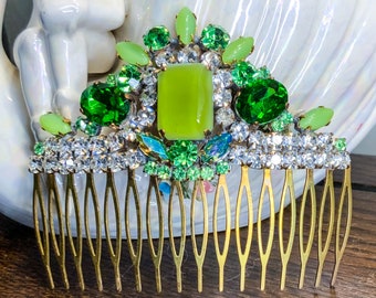 Vintage Green Rhinestone Hair Comb, Green Moonglow Hair Comb 