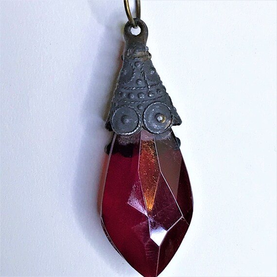 Vintage Art Nouveau Ruby Red Teardrop Pendent, Fa… - image 9