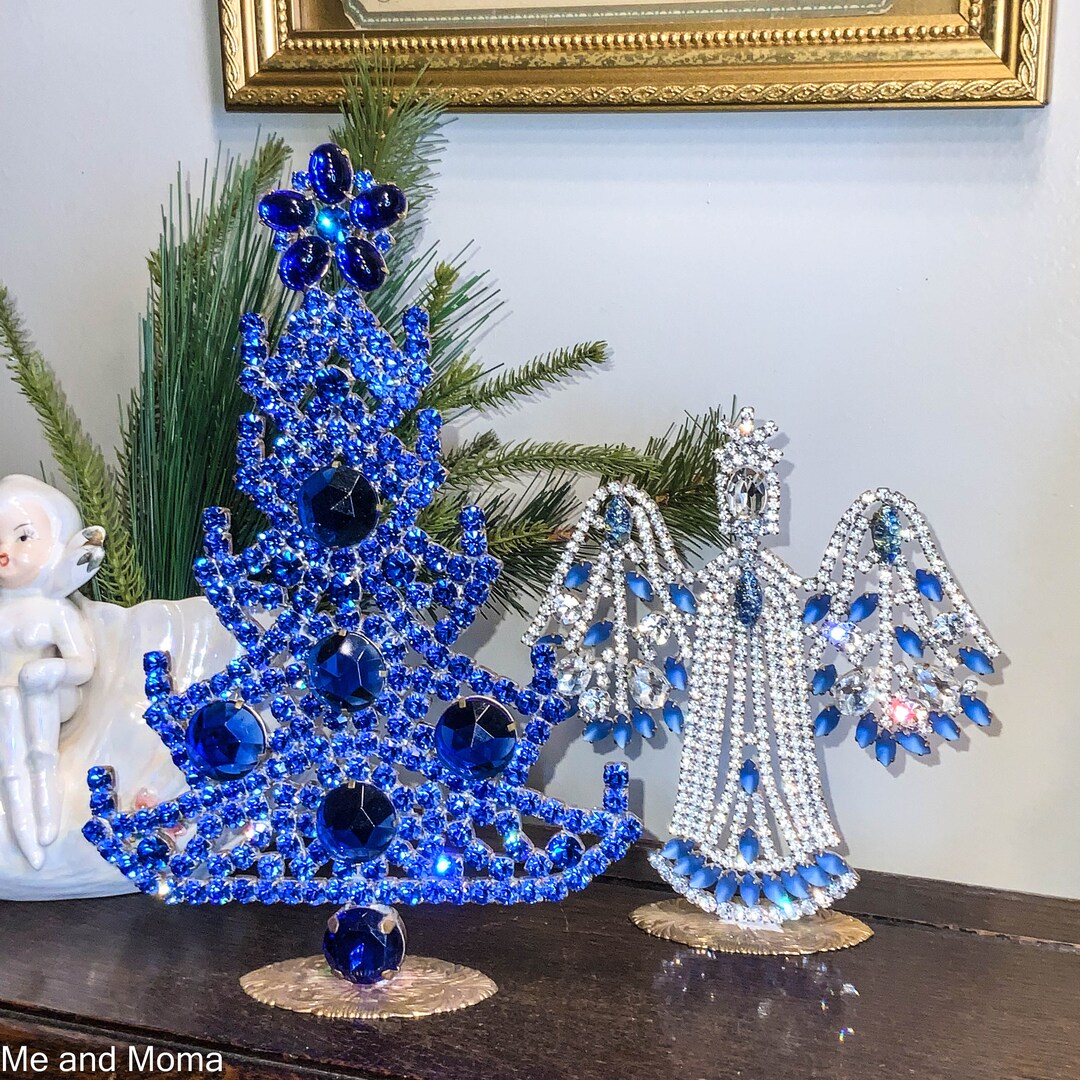 Vintage Rhinestone Tree, Crystal Christmas Tree, Cobalt Blue Czech