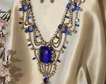 Husar Rhinestone Statement Necklace, Jaw Dropping Blue Czech Rhinestone Bib Necklace, Blue Rhinestone Necklace, Gift for Her, Estate Jewelry