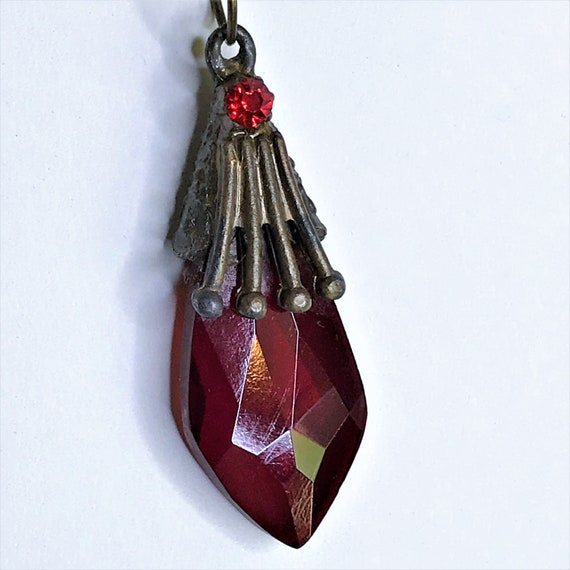 Vintage Art Nouveau Ruby Red Teardrop Pendent, Fa… - image 1