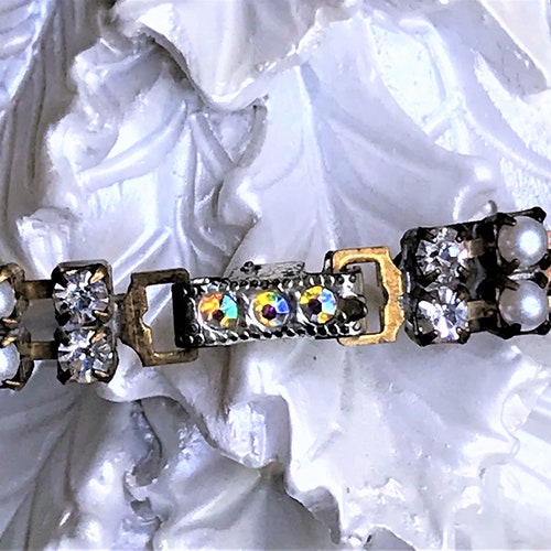 Vintage Faux Pearl Rhinestone Bracelet, Brilliant shops Crystal Chaton Bracelet, Vintage Square Crystal Bracelet, Christmas Jewelry