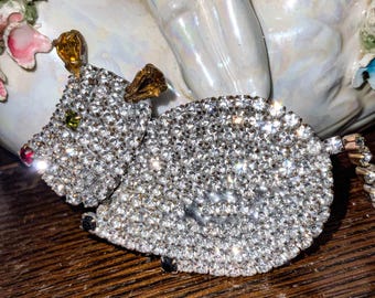 Vintage Mouse Pin, Czech Crystal Mouse Brooch, Rhinestone Mouse Pin, Estate Jewelry, Christmas Mouse