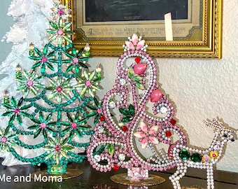 A Trio of Vintage Czech Christmas Trees and a Reindeer, Vintage Rhinestone Tree, Christmas Decoration, Vintage Ornament, Retro Home Décor