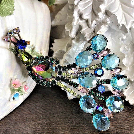 Vintage Peacock Pin, Czech Peacock Brooch, Blue Pe