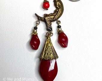 Vintage Blood Red Art Nouveau Faceted Glass Drop Pendant, Vintage Czech Blood Red Lady in the Moon Pendant