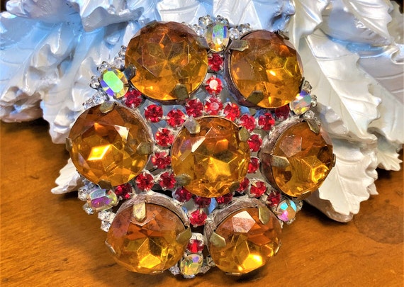 Vintage Rhinestone Topaz Pin, Rhinestone Amber Statement Brooch, Rhinestone Jacket Brooch, Vintage Sash Brooch, Vintage Rhinestone Brooch