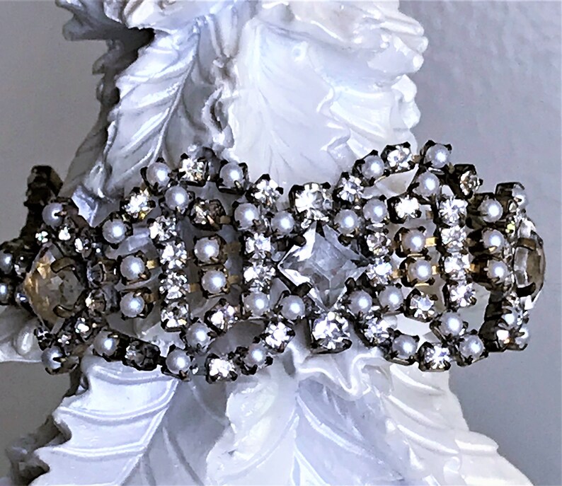 Vintage Faux Pearl Rhinestone Bracelet, Brilliant shops Crystal Chaton Bracelet, Vintage Square Crystal Bracelet, Christmas Jewelry