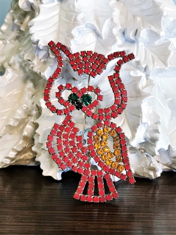 Vintage Owl Pin, Czech Rhinestone Owl Brooch, Red 